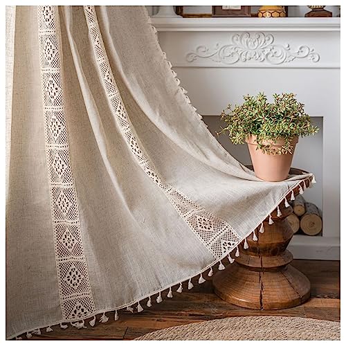 AMDXD Beige Gardine Vorhang Vintage mit Kräuselband, Einfarbig Quaste Gehäkelt Muster Verdunklungsvorhänge Kinder Polyester, 150x260CM(BxH) von AMDXD