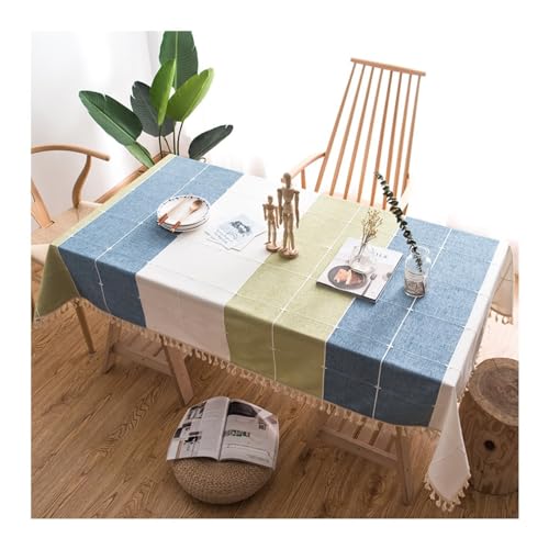 AMDXD Tischdecke, Streifen Kariert Muster mit Quaste Tischtücher Polyester, Tischwäsche Modern Wasserabweisend Mitteldecke für das ganze Jahr, 90x90CM, Grün Blau von AMDXD