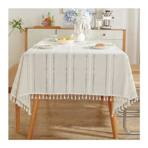 AMDXD Tischtücher, Streifen Quaste Tischwäsche Polyester, Tischdecke für Draußen Tischschutz Mitteldecke für das ganze Jahr, 110x110CM, Beige Weiß von AMDXD