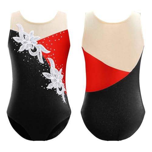 AMENGJ Gymnastikanzug Mädchen Mädchen Ballettanzug mit glitzernden Pailletten und Netzstoff for Rhythmische Gymnastik, Balletttanz, Kostüm(Black,6) von AMENGJ