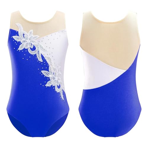 AMENGJ Gymnastikanzug Mädchen Mädchen Ballettanzug mit glitzernden Pailletten und Netzstoff for Rhythmische Gymnastik, Balletttanz, Kostüm(Blue,14) von AMENGJ