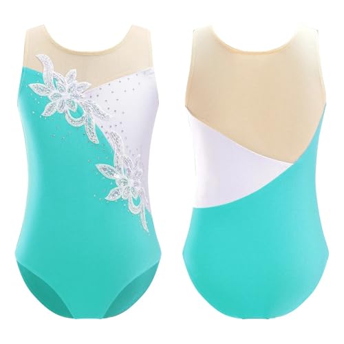 AMENGJ Gymnastikanzug Mädchen Mädchen Ballettanzug mit glitzernden Pailletten und Netzstoff for Rhythmische Gymnastik, Balletttanz, Kostüm(Blue Green,10) von AMENGJ