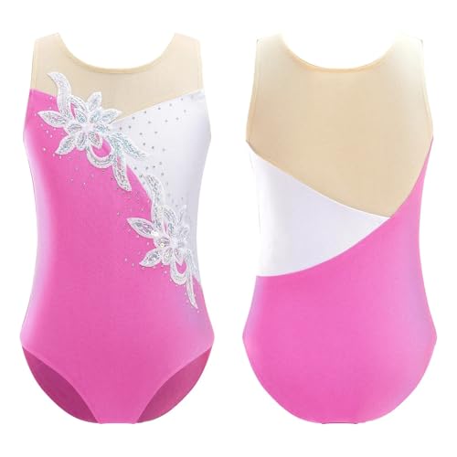 AMENGJ Gymnastikanzug Mädchen Mädchen Ballettanzug mit glitzernden Pailletten und Netzstoff for Rhythmische Gymnastik, Balletttanz, Kostüm(Pink,12) von AMENGJ