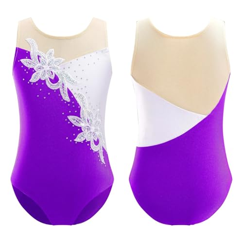 AMENGJ Gymnastikanzug Mädchen Mädchen Ballettanzug mit glitzernden Pailletten und Netzstoff for Rhythmische Gymnastik, Balletttanz, Kostüm(Purple,12) von AMENGJ