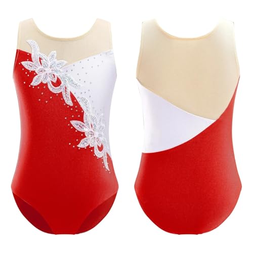 AMENGJ Gymnastikanzug Mädchen Mädchen Ballettanzug mit glitzernden Pailletten und Netzstoff for Rhythmische Gymnastik, Balletttanz, Kostüm(Red,14) von AMENGJ