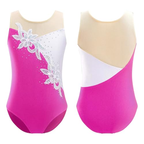 AMENGJ Gymnastikanzug Mädchen Mädchen Ballettanzug mit glitzernden Pailletten und Netzstoff for Rhythmische Gymnastik, Balletttanz, Kostüm(Rose,10) von AMENGJ