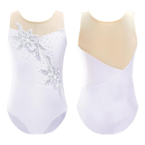 AMENGJ Gymnastikanzug Mädchen Mädchen Ballettanzug mit glitzernden Pailletten und Netzstoff for Rhythmische Gymnastik, Balletttanz, Kostüm(White,10) von AMENGJ