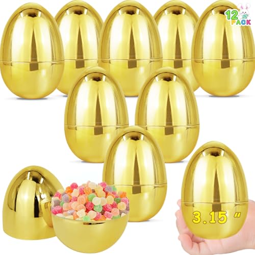 12 Stück 8 cm große goldene Ostereier-Muscheln, perfekt für Überraschungseiersuche, glänzende metallisch-goldene Kunststoff-Ostereierschalen zum Befüllen von Leckereien, Kinderkorbfüller, Osterjagd, von AMENON