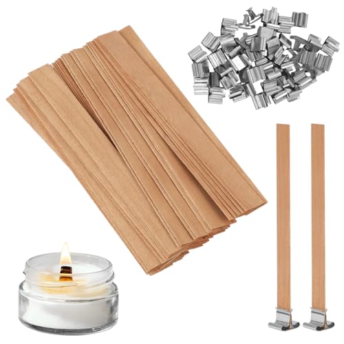 AMFUN 50 PCS Kerzendochte mit 50 PCS Eisenständer, Holzdocht Kerze, Kerzen Machen Holzdocht für DIY Kerzenherstellung Handwerk, Holzdochte für Kerzen, Kerzendocht Holz von AMFUN