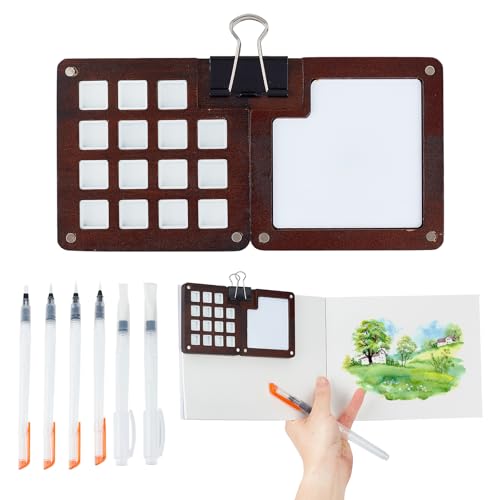 AMIJOUX Tragbares Mini-Aquarell-Paletten-Set, 15 Fächer, Holzpalettenbox, Aquarell-Papierblock, Aquarell-Skizzenbuch, Aquarell-Pinselstifte mit Binder-Clips, Reise-Farbetui, Geschenk für Maler von AMIJOUX