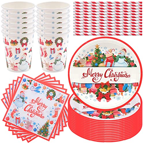 48 Stück Weihnachten Partygeschirr Set, 12 Gäste, Weihnachten Papier Geschirr Set, Merry Christmas Partygeschirr Pappteller Tassen Serviette Stroh, Party Zubehör für Weihnachten Geburtstag Party von AMJKEJI