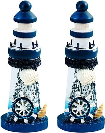 AMJKEJI 2 Stück Holz Leuchtturm Modell Nautische Maritime Deko Fee Garten Ornamente Hochzeit Tischdeko für Badezimmer Kinderzimmer Blumentopf von AMJKEJI