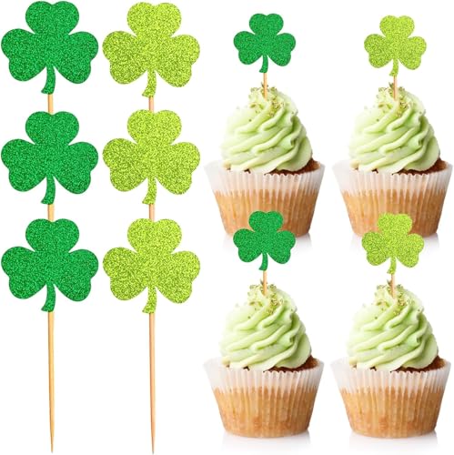 AMJKEJI Cupcake-Topper mit Kleeblatt, St. Patrick's Day, Party-Kuchendekoration, glitzerndes grünes Kleeblatt, Cupcake-Picks für Glück, 6 Stück von AMJKEJI