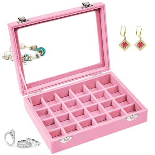 AMJKEJI Jewelry Organizer Schmuckkasten 24 Fächer, Samt Aufbewahrung Schmuckkasten mit Glas Deckel, Verstellbar Schmuckschatulle für Halskette, Ring, Armband, Ohrringe (Rosa) von AMJKEJI