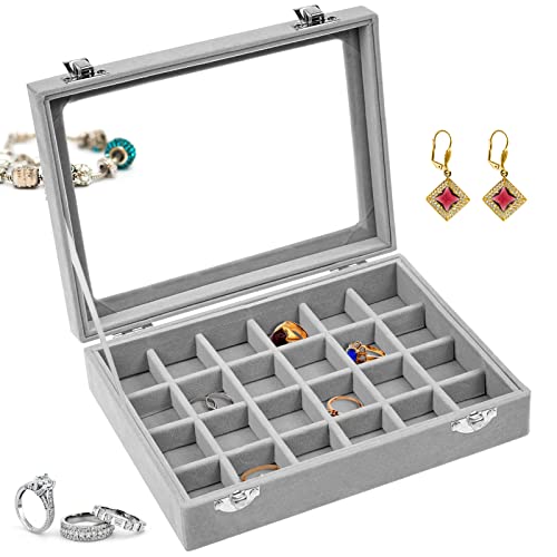 AMJKEJI Jewelry Organizer Schmuckkasten Grau 24 Fächer, Samt Aufbewahrung Schmuckkasten mit Glas Deckel, Verstellbar Schmuckschatulle für Halskette, Ring, Armband, Ohrringe von AMJKEJI