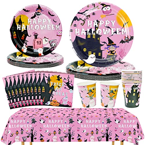 Halloween Party Geschirr-Set, 51 Stück Halloween Party Supplies 20 Gäste Pappteller Becher Einweggeschirr Set Kürbis Tattoo Aufkleber Tischabdeckung Rosa Party Geschirr für Halloween Themenparty von AMJKEJI