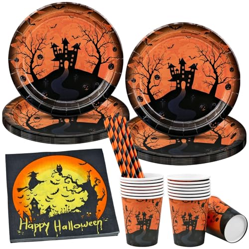 Halloween Partygeschirr Set, 68 Stück Halloween Geschirr Set for 16 Gäste Réutilisable Halloween Papiergeschirr Set Hexenschloss Kürbis Tischdeko Partygeschirr Set Halloween Party Supplies von AMJKEJI