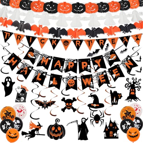 AMLOOPH Halloween Deko Innen Set, Halloween Party Deko Gruselig - Wiederverwendbare Happy Halloween Girlande, Banner, Luftballons, Fledermaus, Geist, Kürbis Deko for Türdeko Halloween Decorations von AMLOOPH