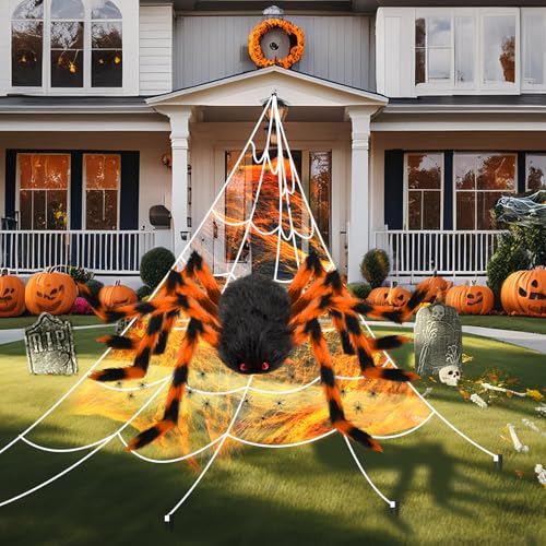 AMLOOPH Halloween Deko Outdoor Garten Gruselig Spinnennetz Groß Set, Spinnennetz Halloween Deko Horror 7m + Riesen Spinne Deko Halloween 2m Und Spinnenweben Halloween Dekoration Für Party Draußen von AMLOOPH