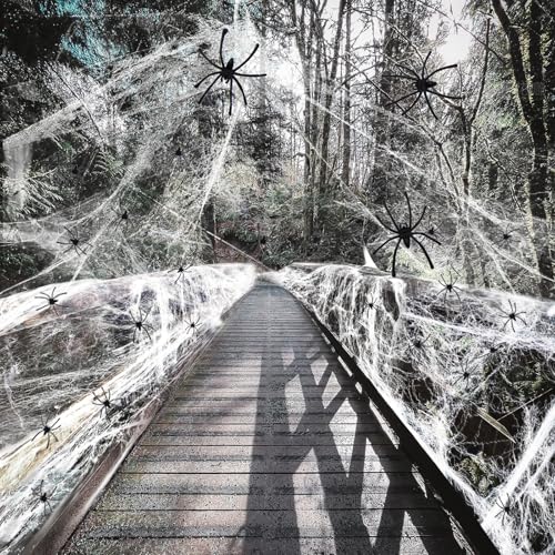 AMLOOPH Spinnennetz Halloween Deko Set, 300g Weiß Dehnbare Spinnweben Halloween Spinnennetz Dekoration Mit 100 Plastik Spinnen für Halloween Deko Gruselig Outdoor Garten Innen Horror Party Dekoration von AMLOOPH