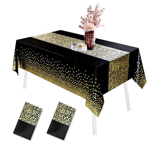 AMSGANK Einweg Tischdecke, 2 Stück Wasserdicht Geburtstag Tischdecken Rechteckige Tischabdeckung Geeignet für Hochzeit, Party, Kindergeburtstag, Weihnachten (Schwarz & Gold, 137 x 274 cm) von AMSGANK