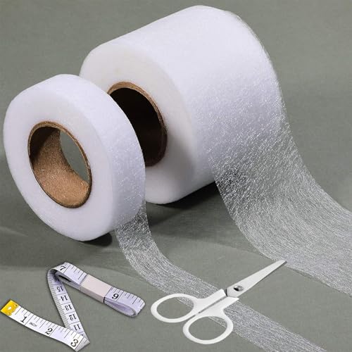 AMSNINK 2er Set Saumband Mit Ein Lineal Und Eine Schere, Saumband Zum Aufbügeln 20 Mm X 30 M Und 60 Mm X 30 M Bügelband, Bügelband Zum Kürzen Von Gardinen, Für Kleidung Vorhänge Jeans Hosen Kragen von AMSNINK