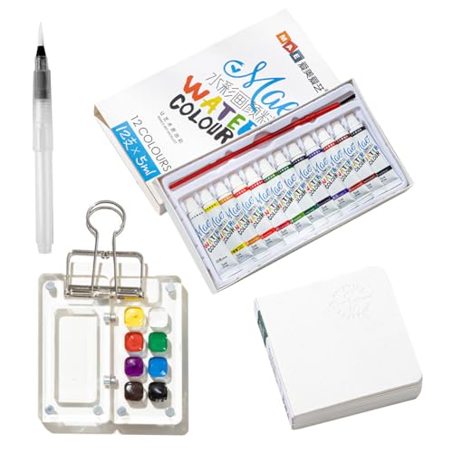 AMZLORD Reise for Maler, Künstler, Studenten, Aquarell-Skizzenbuch mit Binder-Clip, Wasserfarben, Reiseset, Aquarellpinsel, Acryl-Gitter-Farbkasten von AMZLORD