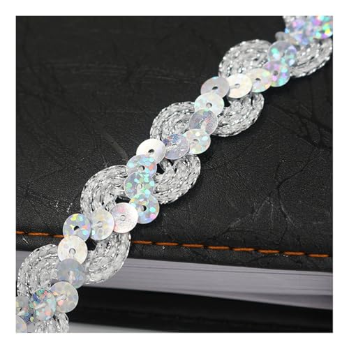 AMateschitz 1.5cm Glitzer Pailletten Spitzenband Pailletten Bänder Bunte Paillette Trim Paillettenband Glitzer Geflochten Bortenband für DIY Basteln Nähen Kostüme Kleid Schmuck Glitzer Silber 25 Meter von AMateschitz