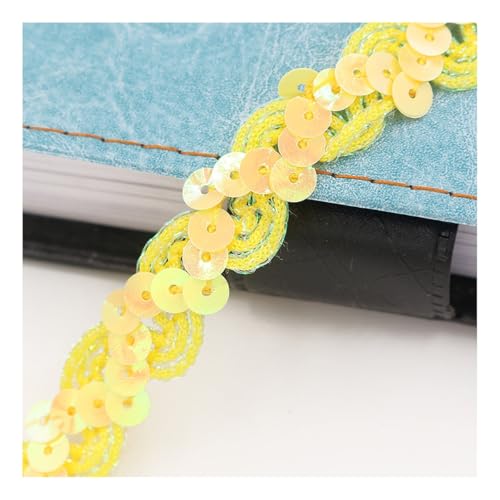 AMateschitz 1.5cm Glitzer Pailletten Spitzenband Pailletten Bänder Bunte Paillette Trim Paillettenband Glitzer Geflochten Bortenband für DIY Basteln Nähen Kostüme Kleid Schmuck Hellgelb 25 Meter von AMateschitz