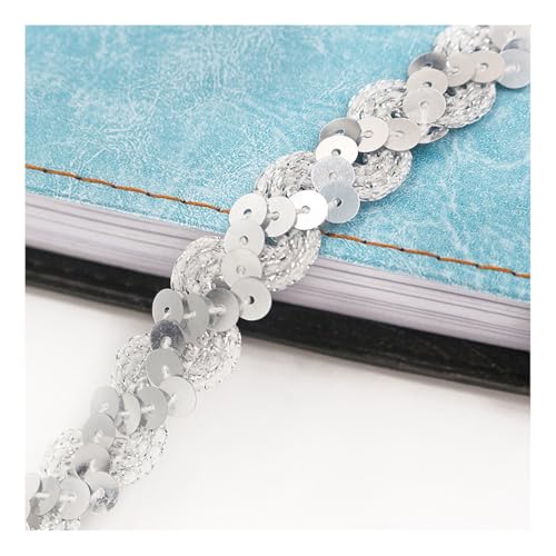 AMateschitz 1.5cm Glitzer Pailletten Spitzenband Pailletten Bänder Bunte Paillette Trim Paillettenband Glitzer Geflochten Bortenband für DIY Basteln Nähen Kostüme Kleid Schmuck Silber 25 Meter von AMateschitz