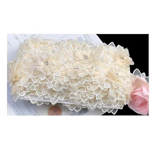 AMateschitz 3D Blume Spitze Trim Schmetterlings Spitzenband Floral Tüll Häkelspitze mit Perlen Doppelte Blume Spitzenbesatz Doppelschleife für DIY Nähen Kostüm Hochzeitskleider Hut Beige 5 Yard*6CM von AMateschitz