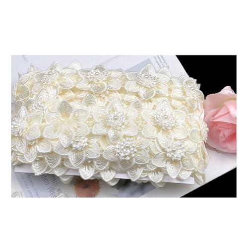 AMateschitz 3D Blumen Spitzenband Doppellagige Blumen Applikation Perlen Floral Bestickt Spitze Trim Stickerei Blüte Spitzenborte Mit Strass für Nähen Kostüm Hochzeit Hut, 5CM Breit Beige 10 Yard von AMateschitz