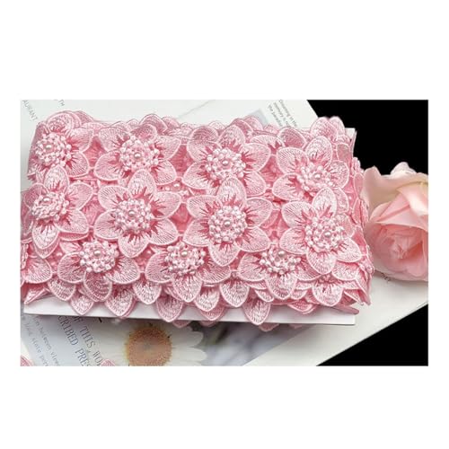 AMateschitz 3D Blumen Spitzenband Doppellagige Blumen Applikation Perlen Floral Bestickt Spitze Trim Stickerei Blüte Spitzenborte Mit Strass für Nähen Kostüm Hochzeit Hut, 5CM Breit Dunkelrosa 10 Yard von AMateschitz