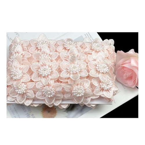 AMateschitz 3D Blumen Spitzenband Doppellagige Blumen Applikation Perlen Floral Bestickt Spitze Trim Stickerei Blüte Spitzenborte Mit Strass für Nähen Kostüm Hochzeit Hut, 5CM Breit Hellrosa 10 Yard von AMateschitz