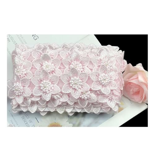 AMateschitz 3D Blumen Spitzenband Doppellagige Blumen Applikation Perlen Floral Bestickt Spitze Trim Stickerei Blüte Spitzenborte Mit Strass für Nähen Kostüm Hochzeit Hut, 5CM Breit Rosa 10 Yard von AMateschitz