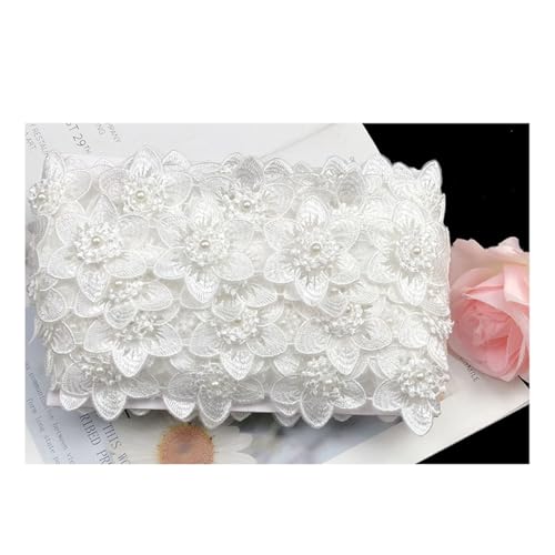 AMateschitz 3D Blumen Spitzenband Doppellagige Blumen Applikation Perlen Floral Bestickt Spitze Trim Stickerei Blüte Spitzenborte Mit Strass für Nähen Kostüm Hochzeit Hut, 5CM Breit Weiß 10 Yard von AMateschitz