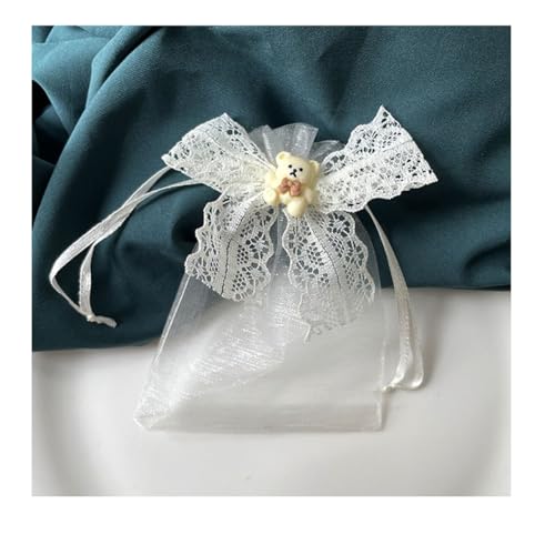 AMateschitz 50 Stück Organzasäckchen Geschenkbeutel mit Spitze Kordelzug Schmuckbeutel mit Klein Bär Gaze Säckchen Klein Lavendelsäckchen Organza für Hochzeit Schmuck Süßigkeiten Beige Bär 17 * 23cm von AMateschitz