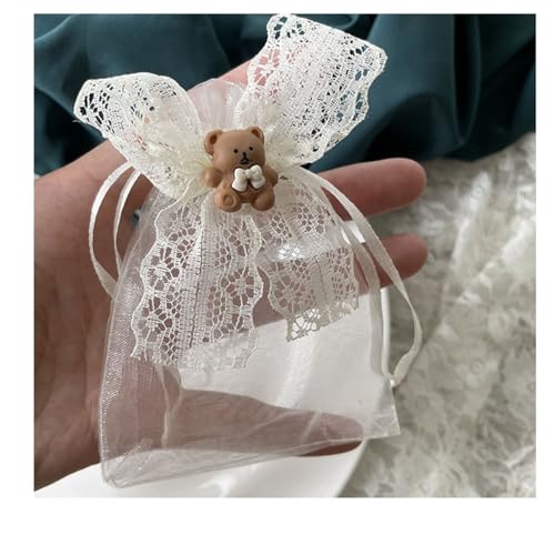 AMateschitz 50 Stück Organzasäckchen Geschenkbeutel mit Spitze Kordelzug Schmuckbeutel mit Klein Bär Gaze Säckchen Klein Lavendelsäckchen Organza für Hochzeit Schmuck Süßigkeiten Braun Bär 13 * 18cm von AMateschitz