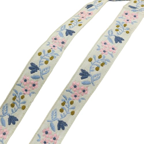 AMateschitz Ethnischer Stickerei Spitzenband 2cm Breit Vintage Jacquard Bandbesatz Floraler Bestickter Polyesterband Blumenmuster Gewebtes Band für Nähen DIY Basteln Kleidung Vorhänge Rosa 20 Yard von AMateschitz