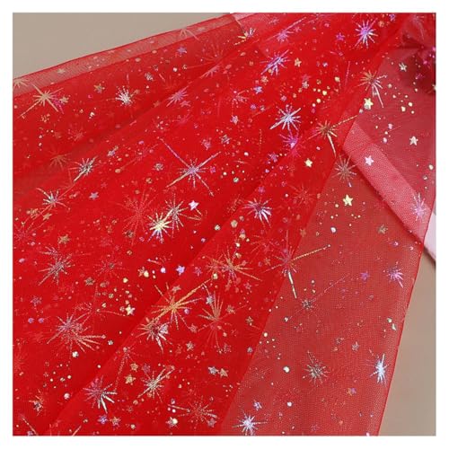 AMateschitz Glitzernder Netzstoff Mit Sternen Schneeflocken Tüllstoff Sparkly Durchsichtiger Stoff Glänzende Weihnachts Tüll Dekostoff für DIY Kleidung Hochzeit Party Home Decor Rot 5M*1.5M von AMateschitz