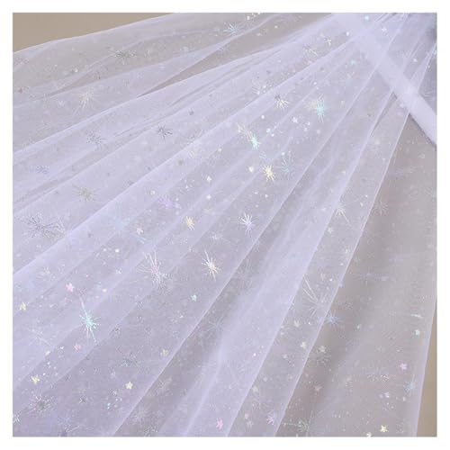 AMateschitz Glitzernder Netzstoff Mit Sternen Schneeflocken Tüllstoff Sparkly Durchsichtiger Stoff Glänzende Weihnachts Tüll Dekostoff für DIY Kleidung Hochzeit Party Home Decor Weiß 10M*1.5M von AMateschitz