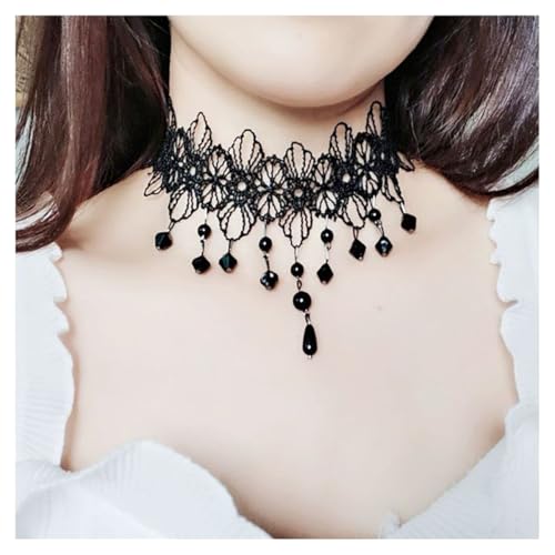 AMateschitz Gotisch Choker Halskette Gothic Spitze Ketten mit Vintage Rose Punk Lace Kropfband Quaste Halsband Schmuck Steampunk Strass Kragen für Halloween Cosplay Anhänger-Quasten 30CM von AMateschitz