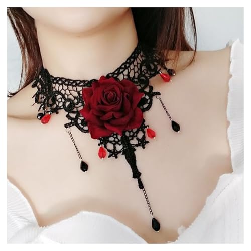 AMateschitz Gotisch Choker Halskette Gothic Spitze Ketten mit Vintage Rose Punk Lace Kropfband Quaste Halsband Schmuck Steampunk Strass Kragen für Halloween Cosplay Burgunderrot-Blume 30CM von AMateschitz