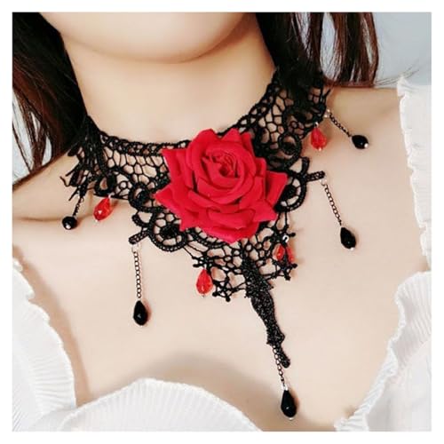 AMateschitz Gotisch Choker Halskette Gothic Spitze Ketten mit Vintage Rose Punk Lace Kropfband Quaste Halsband Schmuck Steampunk Strass Kragen für Halloween Cosplay Rot-Blume 30CM von AMateschitz