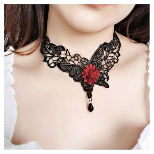 AMateschitz Gotisch Choker Halskette Gothic Spitze Ketten mit Vintage Rose Punk Lace Kropfband Quaste Halsband Schmuck Steampunk Strass Kragen für Halloween Cosplay Rot Blume-Libellen 30CM von AMateschitz