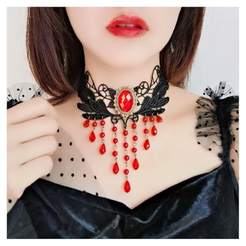 AMateschitz Gotisch Choker Halskette Gothic Spitze Ketten mit Vintage Rose Punk Lace Kropfband Quaste Halsband Schmuck Steampunk Strass Kragen für Halloween Cosplay Rot Edelstein 30CM von AMateschitz