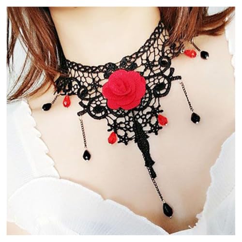 AMateschitz Gotisch Choker Halskette Gothic Spitze Ketten mit Vintage Rose Punk Lace Kropfband Quaste Halsband Schmuck Steampunk Strass Kragen für Halloween Cosplay Rot Rose 30CM von AMateschitz