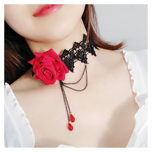 AMateschitz Gotisch Choker Halskette Gothic Spitze Ketten mit Vintage Rose Punk Lace Kropfband Quaste Halsband Schmuck Steampunk Strass Kragen für Halloween Cosplay Rot Rose-Rot Anhänger 30CM von AMateschitz