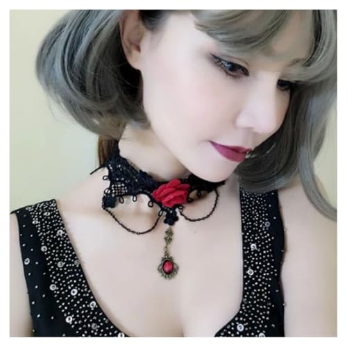 AMateschitz Gotisch Choker Halskette Gothic Spitze Ketten mit Vintage Rose Punk Lace Kropfband Quaste Halsband Schmuck Steampunk Strass Kragen für Halloween Cosplay Rot Rose-Rot Edelstein 30CM von AMateschitz