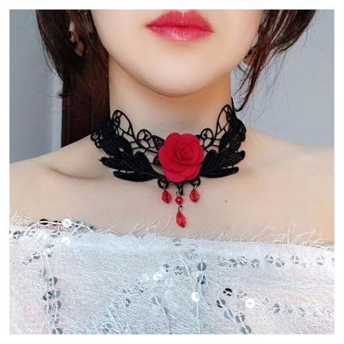 AMateschitz Gotisch Choker Halskette Gothic Spitze Ketten mit Vintage Rose Punk Lace Kropfband Quaste Halsband Schmuck Steampunk Strass Kragen für Halloween Cosplay Rot Rose-Schwarz Feder 30CM von AMateschitz